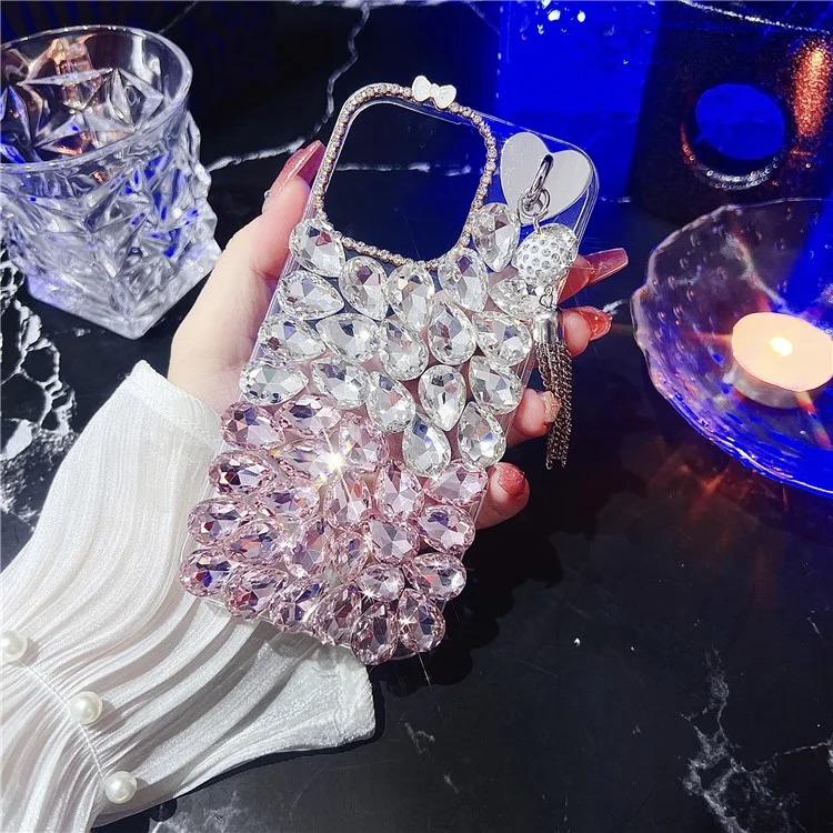 Étui pour iPhone 16 Pro Max avec Pompon, Verre et Strass, Décoration TPU Protection Arrière - Rose