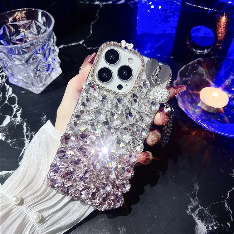 Étui pour iPhone 16 Pro Max avec Pompon, Verre et Strass, Décoration TPU Protection Arrière - Rose