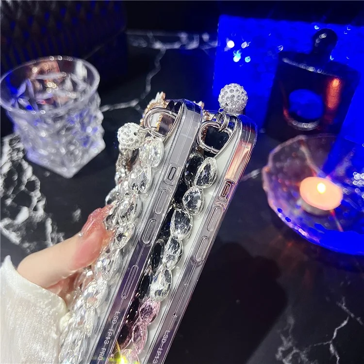 Étui pour iPhone 16 Pro Max avec Pompon, Verre et Strass, Décoration TPU Protection Arrière - Rose