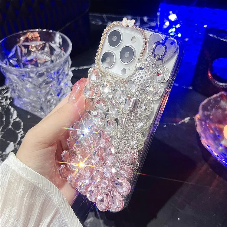 Étui pour iPhone 16 Pro Max avec Pompon, Verre et Strass, Décoration TPU Protection Arrière - Rose