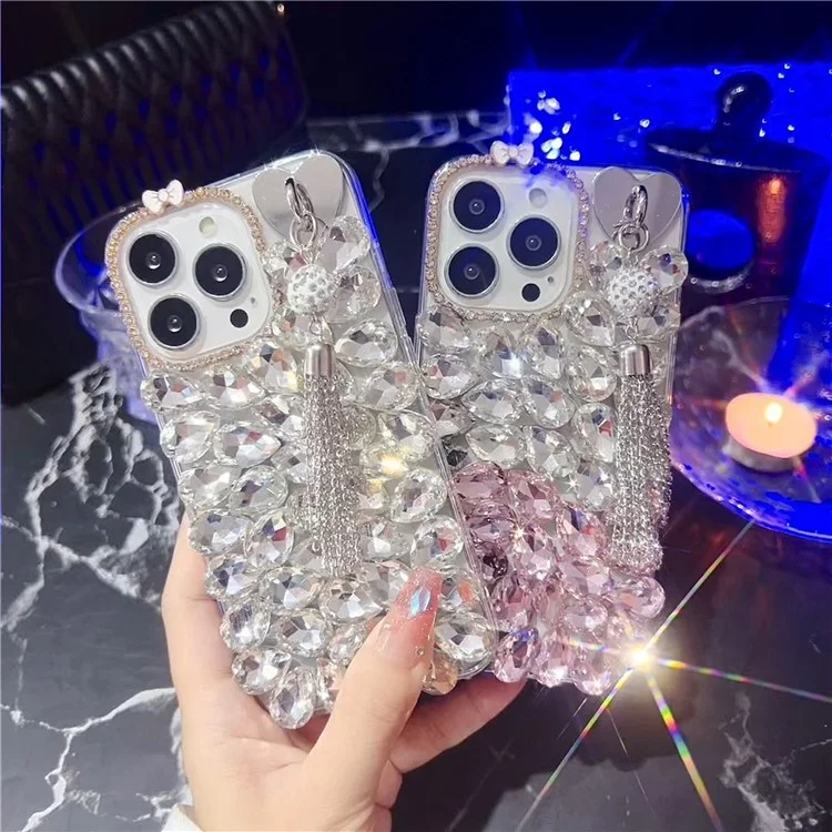 Étui pour iPhone 16 Pro Max avec Pompon, Verre et Strass, Décoration TPU Protection Arrière - Rose