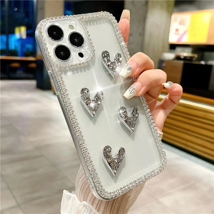For iPhone 16 Pro Max Case Rhinestone Edge Electroplating Heart Shape Decor Soft TPU Phone Back Cover