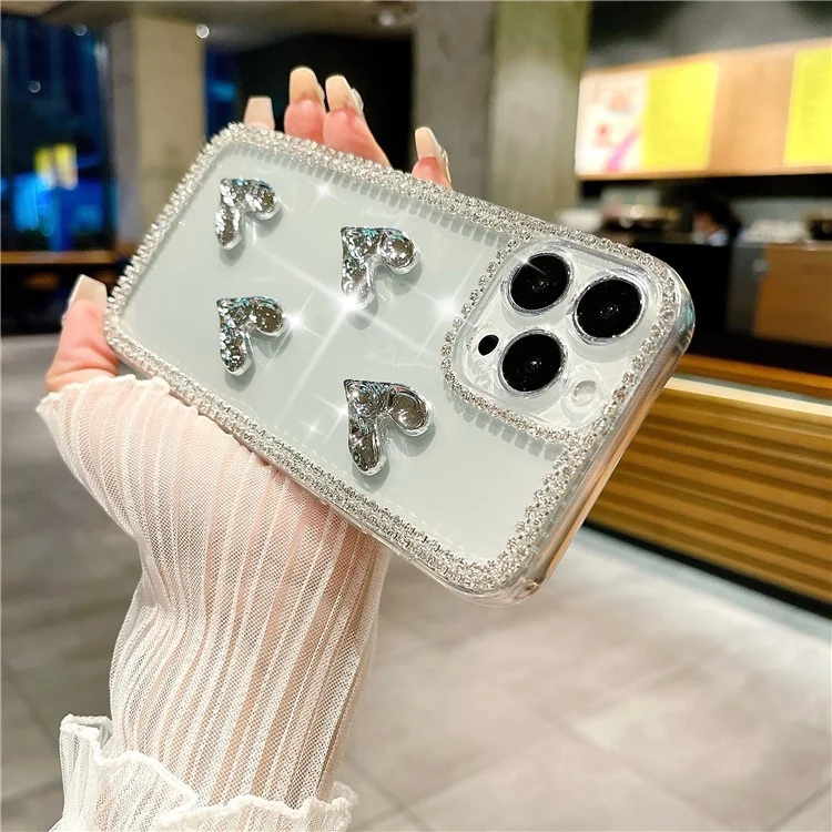 For iPhone 16 Pro Max Case Rhinestone Edge Electroplating Heart Shape Decor Soft TPU Phone Back Cover