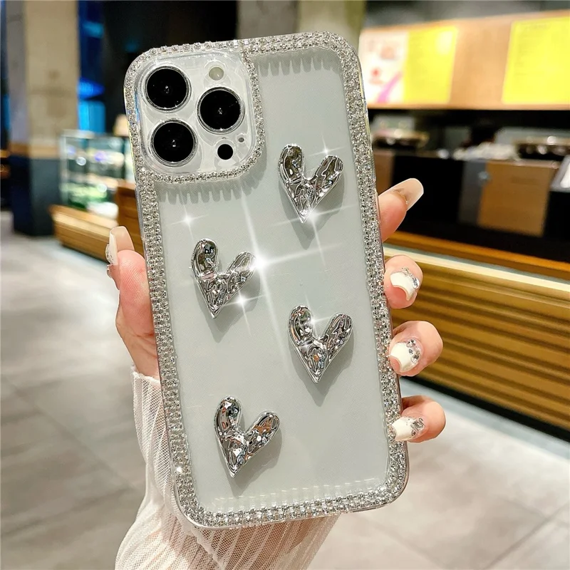 For iPhone 16 Pro Case Rhinestone Edge Electroplating Heart Shape Decor Soft TPU Phone Back Cover