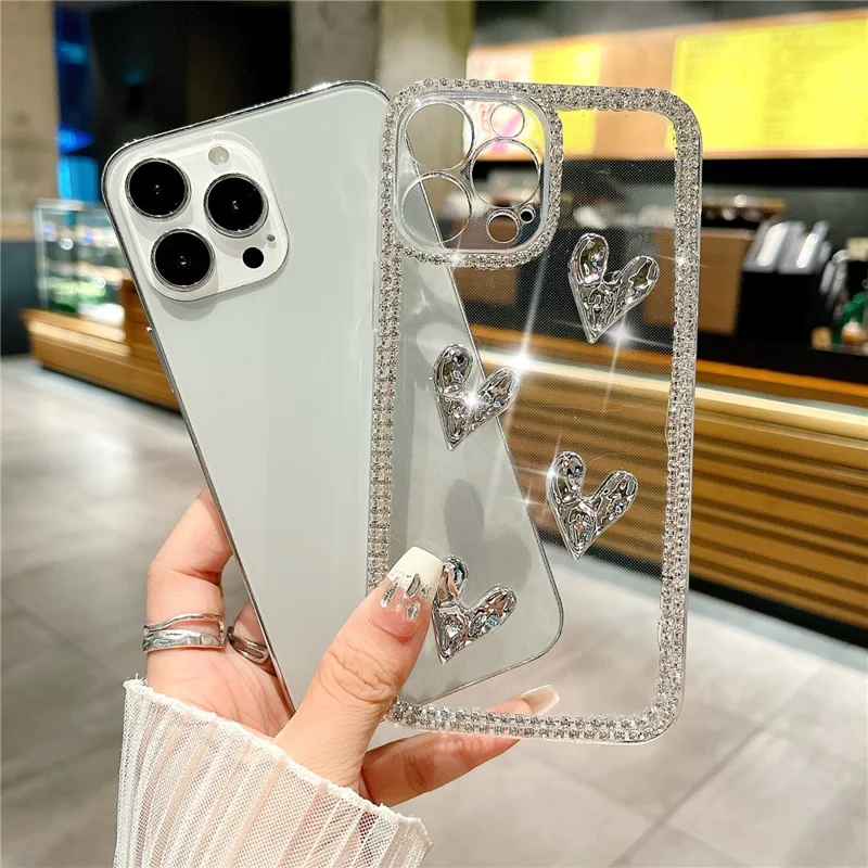 For iPhone 16 Pro Case Rhinestone Edge Electroplating Heart Shape Decor Soft TPU Phone Back Cover