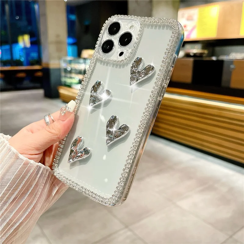 For iPhone 16 Pro Case Rhinestone Edge Electroplating Heart Shape Decor Soft TPU Phone Back Cover