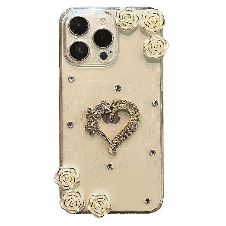 For iPhone 16 Pro Case Rhinestone Heart Rose Decor Soft TPU Clear Phone Back Cover
