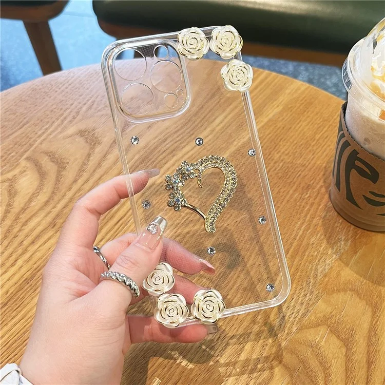 For iPhone 16 Pro Case Rhinestone Heart Rose Decor Soft TPU Clear Phone Back Cover