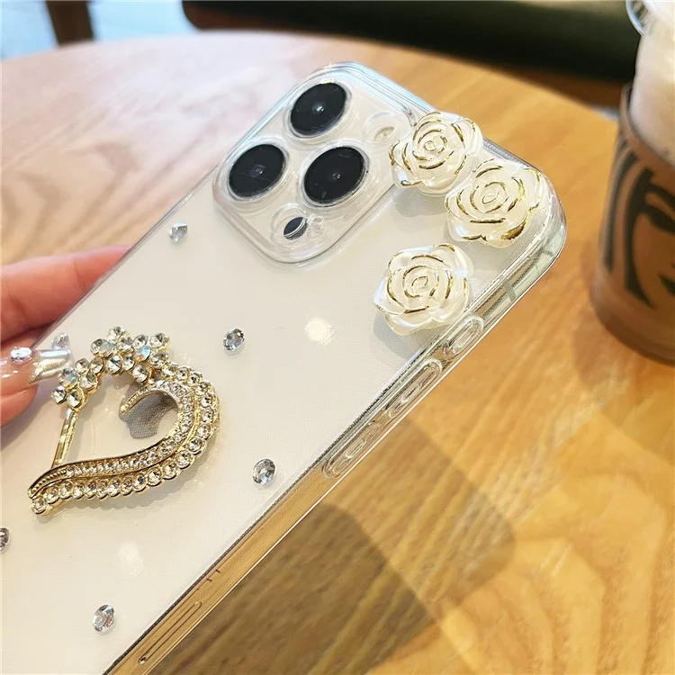For iPhone 16 Pro Case Rhinestone Heart Rose Decor Soft TPU Clear Phone Back Cover