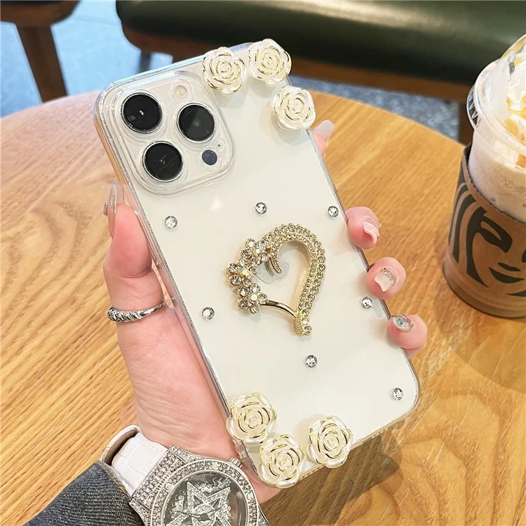For iPhone 16 Pro Case Rhinestone Heart Rose Decor Soft TPU Clear Phone Back Cover