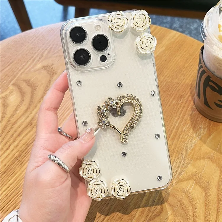 For iPhone 16 Pro Case Rhinestone Heart Rose Decor Soft TPU Clear Phone Back Cover