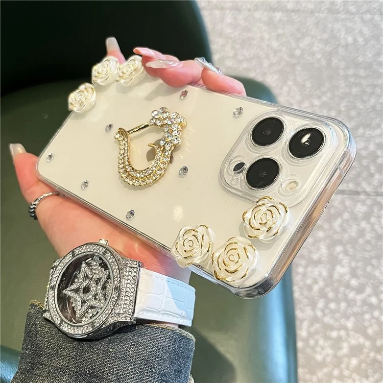 For iPhone 16 Pro Case Rhinestone Heart Rose Decor Soft TPU Clear Phone Back Cover