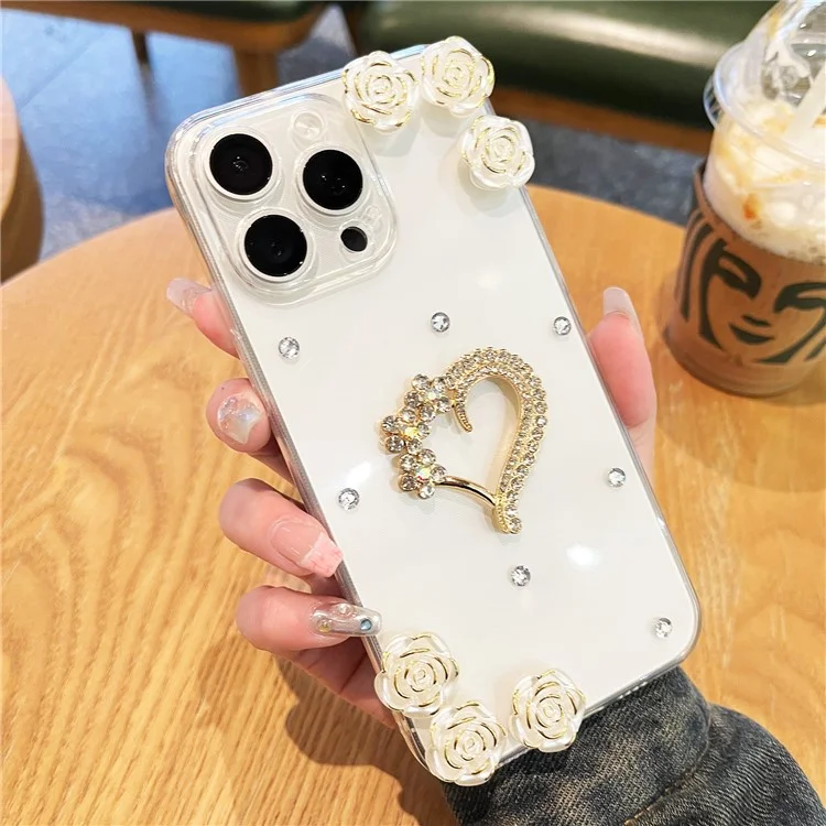 For iPhone 16 Pro Case Rhinestone Heart Rose Decor Soft TPU Clear Phone Back Cover