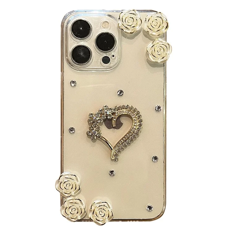 For iPhone 16 Pro Max Case Rhinestone Heart Rose Decor Soft TPU Clear Phone Back Cover