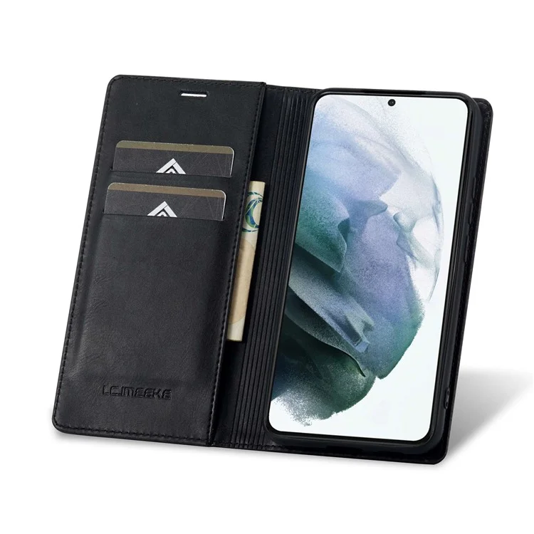LC.IMEEKE For Samsung Galaxy S21+ 5G Shockproof PU Leather RFID Blocking Phone Case Wallet Stand Auto Closing Magnetic Phone Cover - Black
