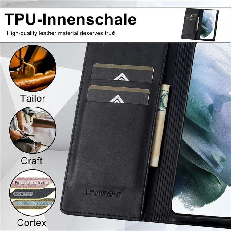 LC.IMEEKE For Samsung Galaxy S21+ 5G Shockproof PU Leather RFID Blocking Phone Case Wallet Stand Auto Closing Magnetic Phone Cover - Black