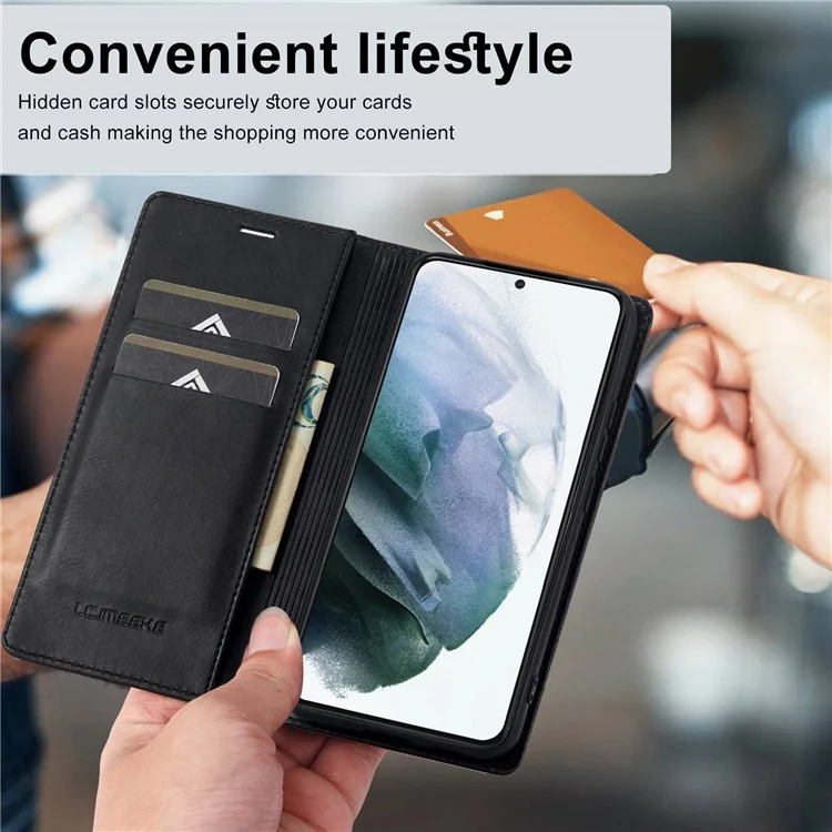 LC.IMEEKE For Samsung Galaxy S21+ 5G Shockproof PU Leather RFID Blocking Phone Case Wallet Stand Auto Closing Magnetic Phone Cover - Black