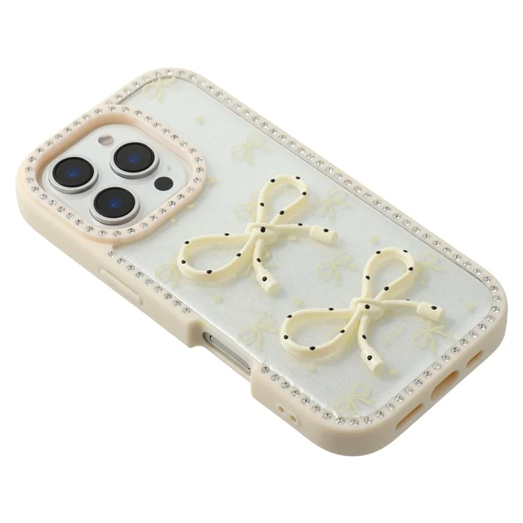 Étui pour iPhone 16 Pro Max Design Époxy à Deux Arcs TPU + PC Coque Arrière de Téléphone Décoré de Strass - Beige