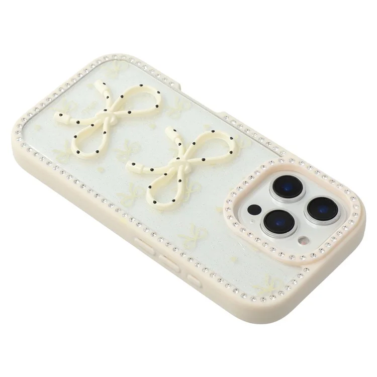 Étui pour iPhone 16 Pro Max Design Époxy à Deux Arcs TPU + PC Coque Arrière de Téléphone Décoré de Strass - Beige