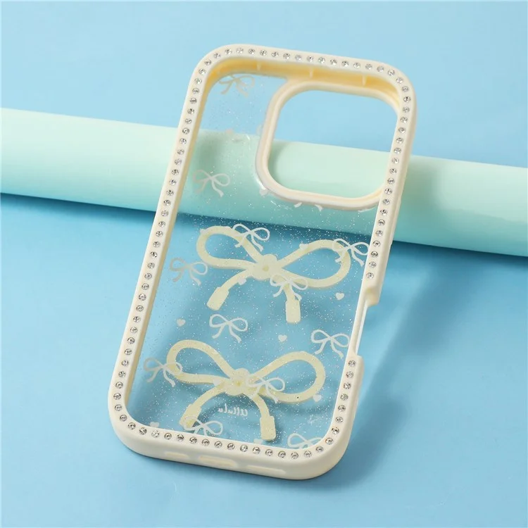 Étui pour iPhone 16 Pro Max Design Époxy à Deux Arcs TPU + PC Coque Arrière de Téléphone Décoré de Strass - Beige