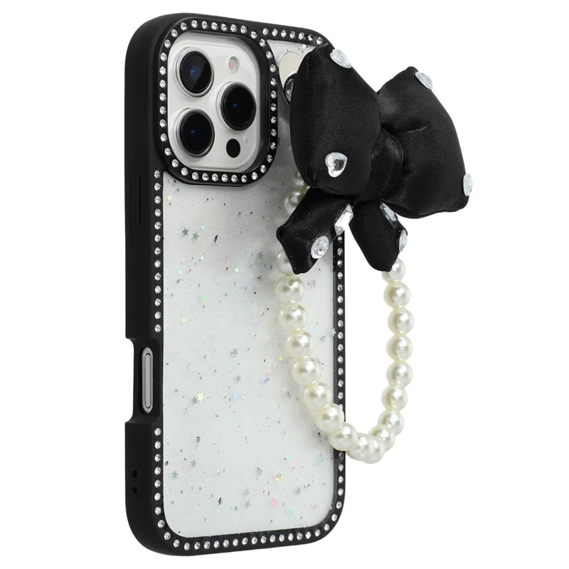 For iPhone 16 Pro Case Glitter Epoxy Design TPU + PC Phone Back Cover with Bow Strap, Rhinestone Decor - Black