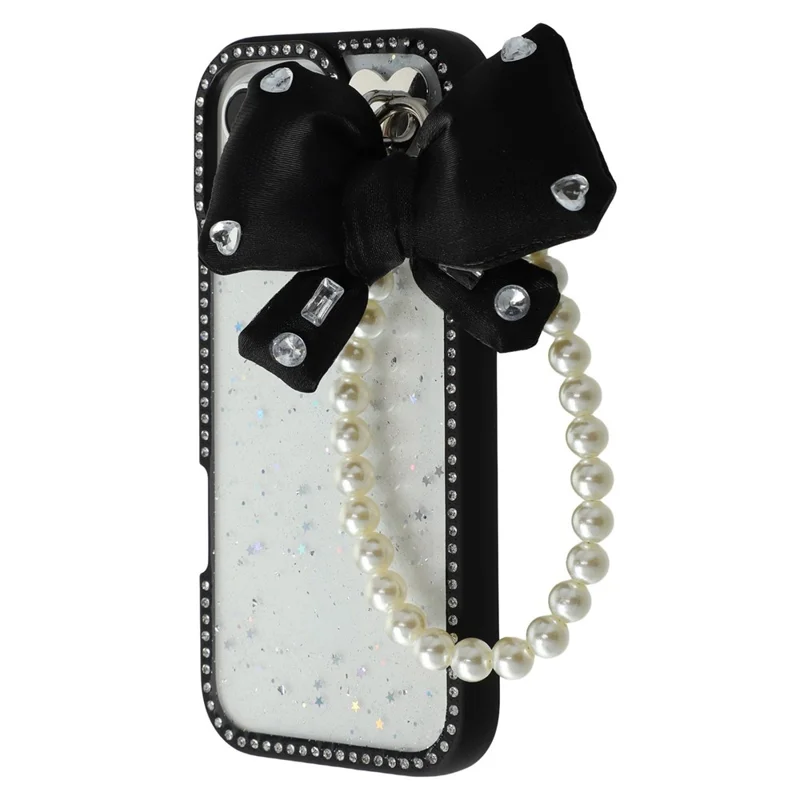 For iPhone 16 Pro Case Glitter Epoxy Design TPU + PC Phone Back Cover with Bow Strap, Rhinestone Decor - Black