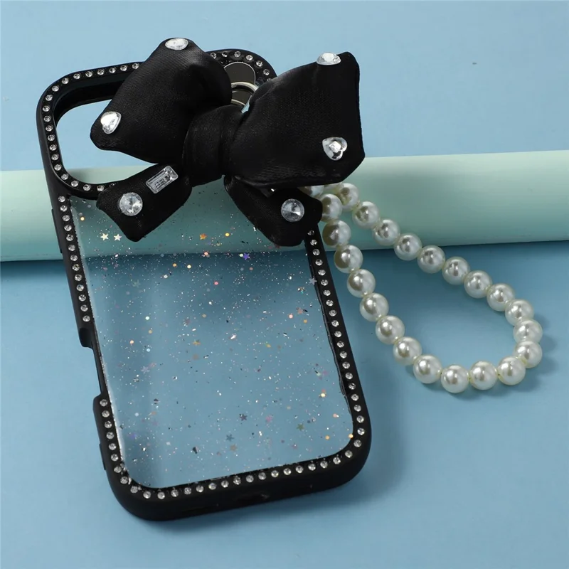 For iPhone 16 Pro Case Glitter Epoxy Design TPU + PC Phone Back Cover with Bow Strap, Rhinestone Decor - Black