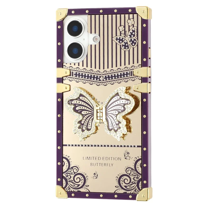 For iPhone 16 Case Electroplated TPU + PC Phone Cover with Butterfly Kickstand - Dark Purple