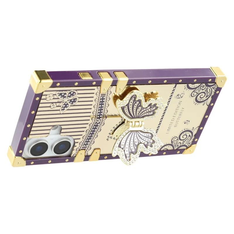 For iPhone 16 Case Electroplated TPU + PC Phone Cover with Butterfly Kickstand - Dark Purple