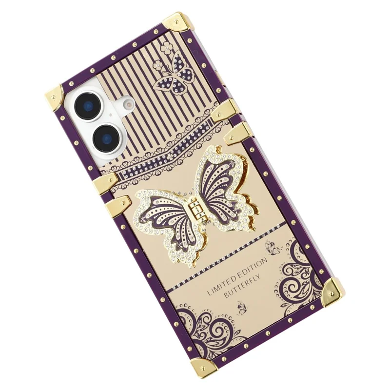 For iPhone 16 Case Electroplated TPU + PC Phone Cover with Butterfly Kickstand - Dark Purple