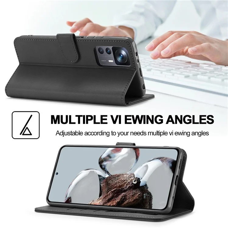 LC.IMEEKE para Xiaomi 12T 5G / Redmi K50 Ultra 5G / 12T Pro 5G Calf Texture PU Leather Phone Stand Case Magnetic Clasp Wallet Phone Cover - Preto