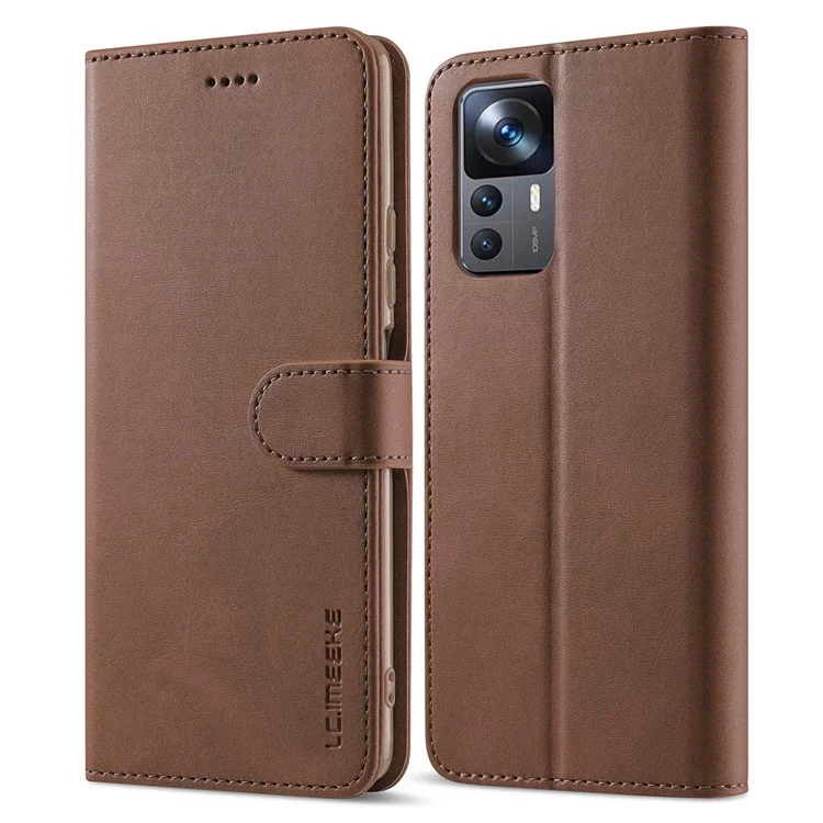 LC.IMEEKE For Xiaomi 12T 5G / Redmi K50 Ultra 5G / 12T Pro 5G Calf Texture PU Leather Phone Stand Case Magnetic Clasp Wallet Phone Cover - Brown