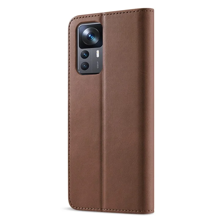 LC.IMEEKE For Xiaomi 12T 5G / Redmi K50 Ultra 5G / 12T Pro 5G Calf Texture PU Leather Phone Stand Case Magnetic Clasp Wallet Phone Cover - Brown