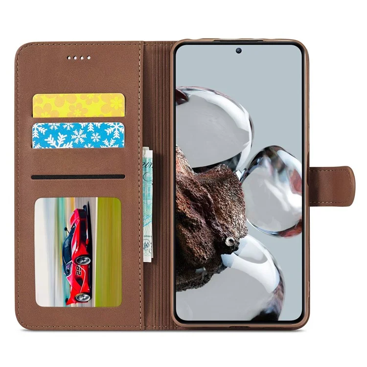 LC.IMEEKE For Xiaomi 12T 5G / Redmi K50 Ultra 5G / 12T Pro 5G Calf Texture PU Leather Phone Stand Case Magnetic Clasp Wallet Phone Cover - Brown
