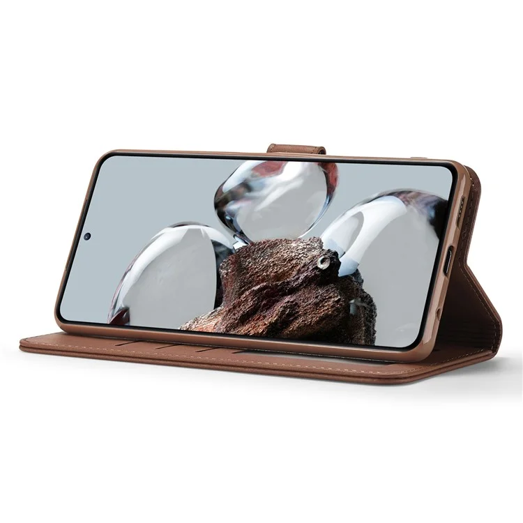 LC.IMEEKE For Xiaomi 12T 5G / Redmi K50 Ultra 5G / 12T Pro 5G Calf Texture PU Leather Phone Stand Case Magnetic Clasp Wallet Phone Cover - Brown