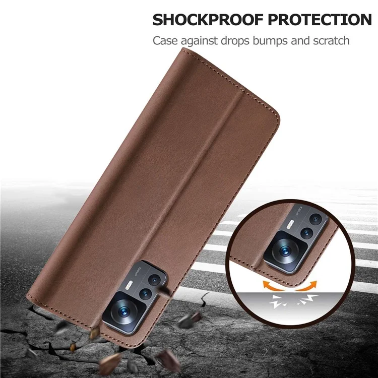 LC.IMEEKE For Xiaomi 12T 5G / Redmi K50 Ultra 5G / 12T Pro 5G Calf Texture PU Leather Phone Stand Case Magnetic Clasp Wallet Phone Cover - Brown