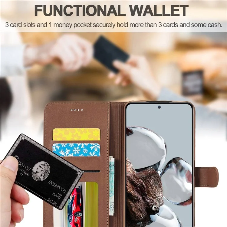 LC.IMEEKE For Xiaomi 12T 5G / Redmi K50 Ultra 5G / 12T Pro 5G Calf Texture PU Leather Phone Stand Case Magnetic Clasp Wallet Phone Cover - Brown