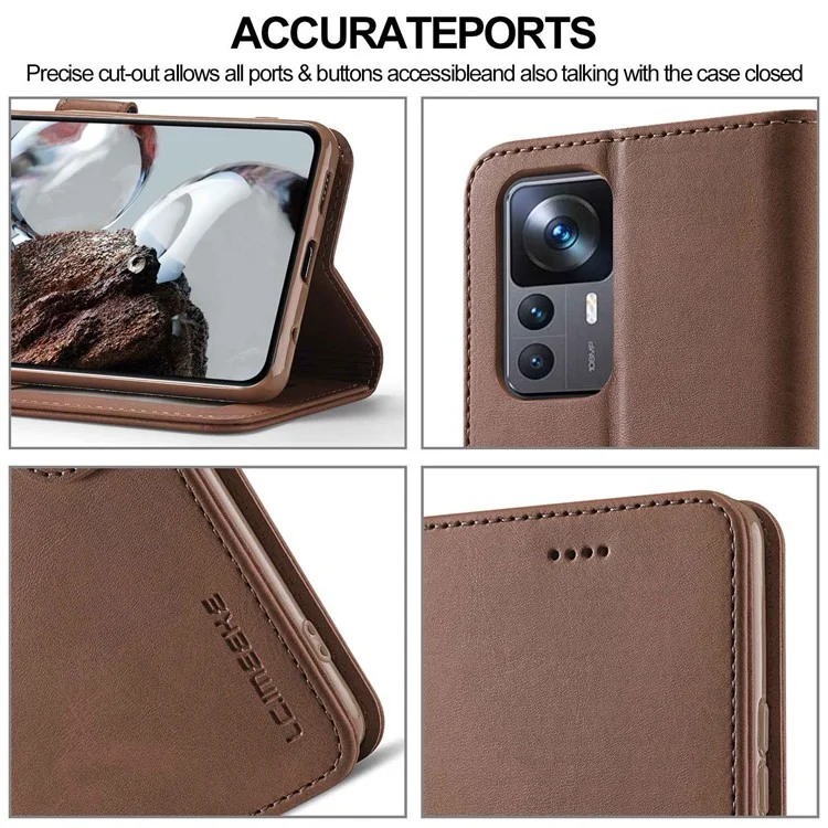 LC.IMEEKE For Xiaomi 12T 5G / Redmi K50 Ultra 5G / 12T Pro 5G Calf Texture PU Leather Phone Stand Case Magnetic Clasp Wallet Phone Cover - Brown