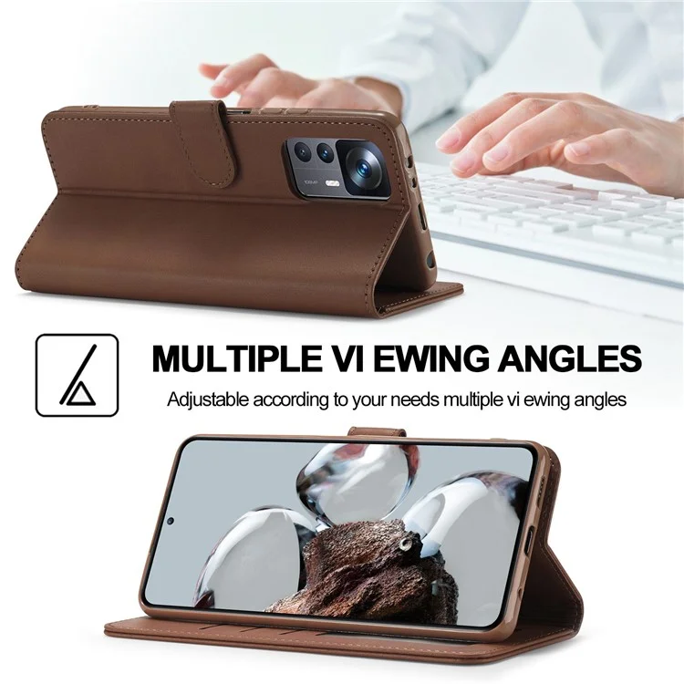 LC.IMEEKE For Xiaomi 12T 5G / Redmi K50 Ultra 5G / 12T Pro 5G Calf Texture PU Leather Phone Stand Case Magnetic Clasp Wallet Phone Cover - Brown