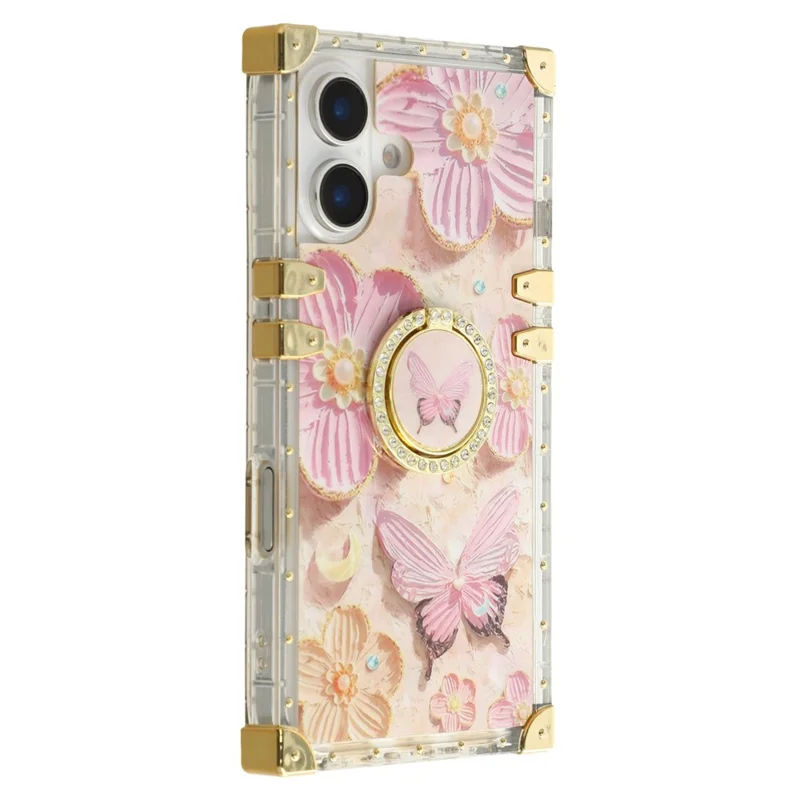 For iPhone 16 Case Stylish Flower Butterfly Pattern Ring Kickstand TPU + PC Phone Cover - Pink