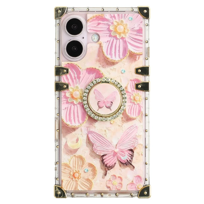 For iPhone 16 Plus Case Stylish Flower Butterfly Pattern Ring Kickstand TPU + PC Phone Cover - Pink