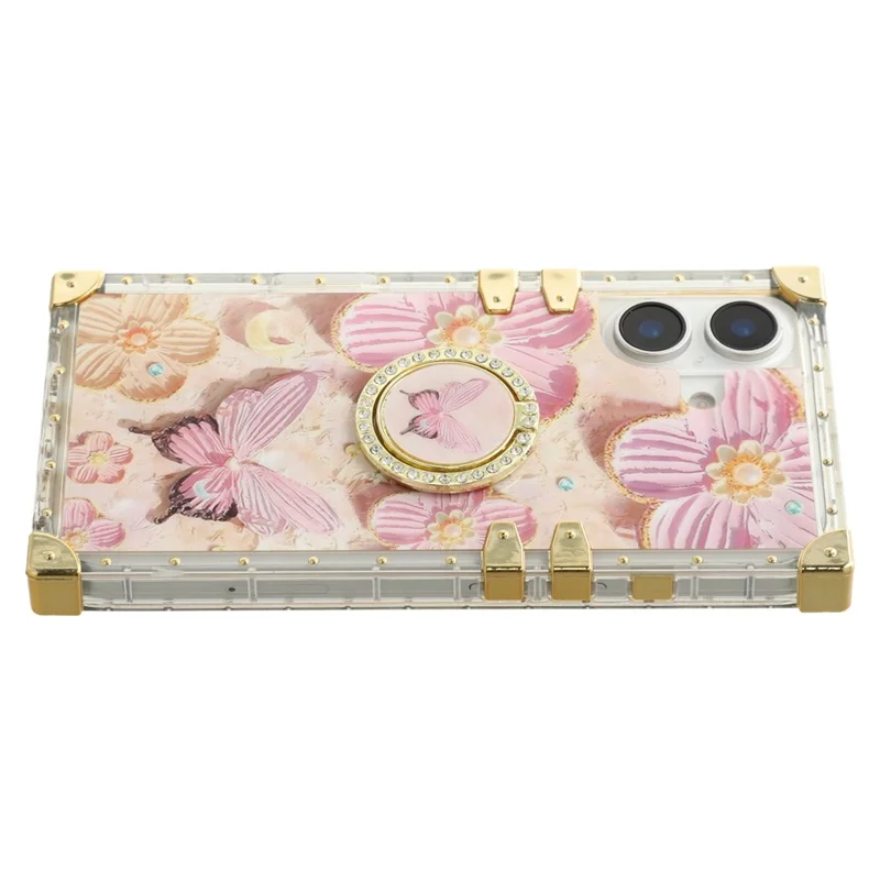 For iPhone 16 Plus Case Stylish Flower Butterfly Pattern Ring Kickstand TPU + PC Phone Cover - Pink