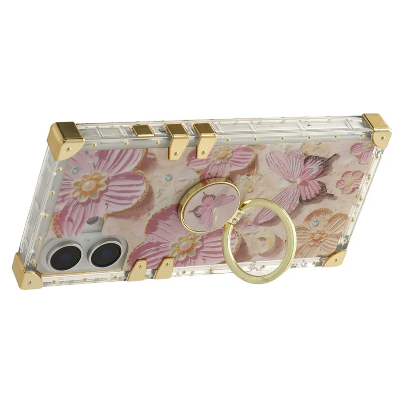 For iPhone 16 Plus Case Stylish Flower Butterfly Pattern Ring Kickstand TPU + PC Phone Cover - Pink