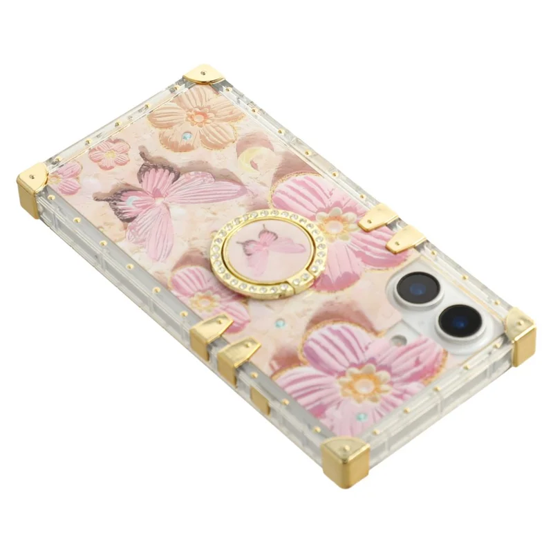 For iPhone 16 Plus Case Stylish Flower Butterfly Pattern Ring Kickstand TPU + PC Phone Cover - Pink