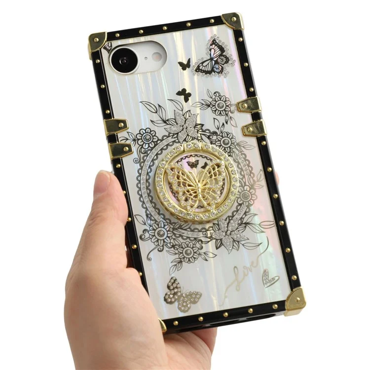 For iPhone 16e Cases Rhinestone Decor Butterfly Pattern TPU + PC Phone Cover - White