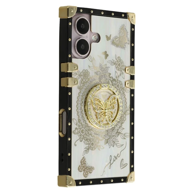 For iPhone 16 Cases Rhinestone Decor Butterfly Pattern TPU + PC Phone Cover - White