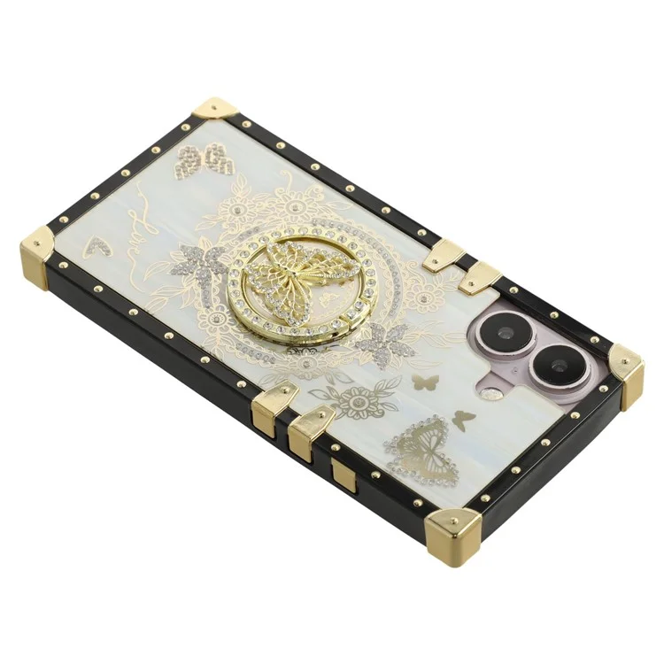 For iPhone 16 Cases Rhinestone Decor Butterfly Pattern TPU + PC Phone Cover - White
