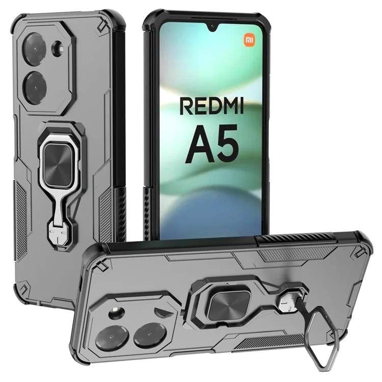 Funda para Xiaomi Redmi A5 4G (171,7 mm) / Poco C71 4G con Anillo Giratorio y Soporte Plegable, Carcasa Antigolpes de PC + TPU - Negro