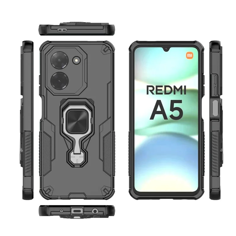 Funda para Xiaomi Redmi A5 4G (171,7 mm) / Poco C71 4G con Anillo Giratorio y Soporte Plegable, Carcasa Antigolpes de PC + TPU - Negro