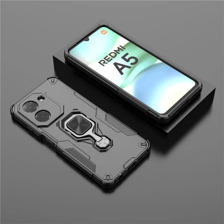 Funda para Xiaomi Redmi A5 4G (171,7 mm) / Poco C71 4G con Anillo Giratorio y Soporte Plegable, Carcasa Antigolpes de PC + TPU - Negro